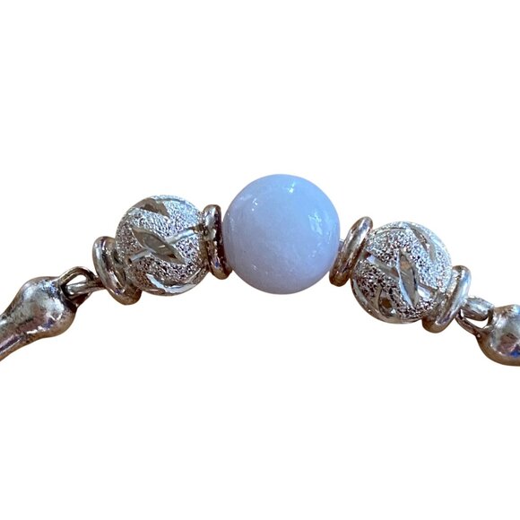 Sterling Silver Bracelet With White Bead & Ball Charms Adjustable Hook Closure - Picture 2 of 7